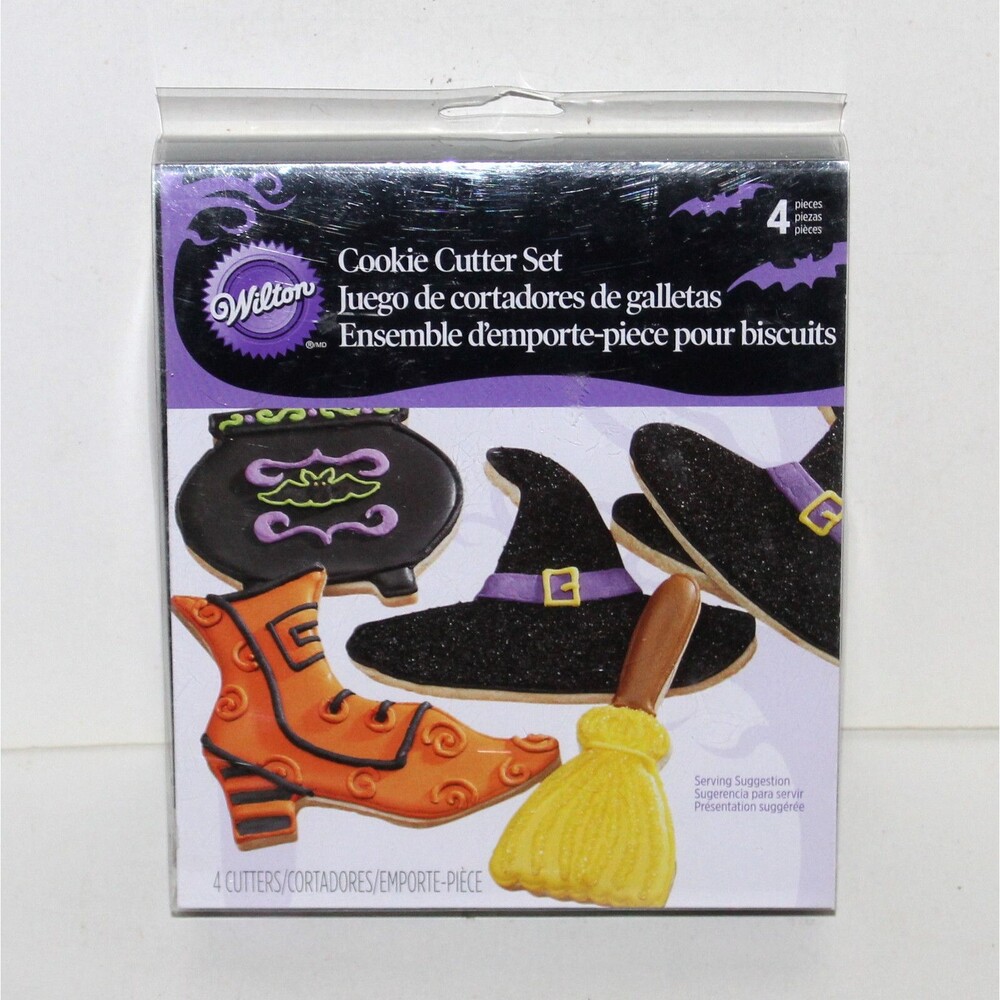 Set 4 Halloween Cookie Cutter metal Wilton Witch Hat Broom Boot Cauldron NEW